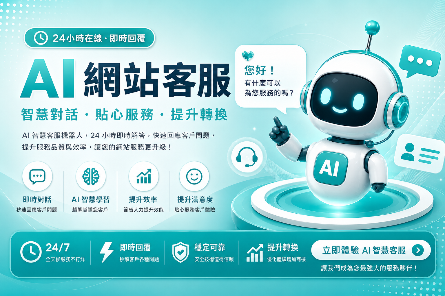 用 AI 接住每一位訪客，打造 全天候網站客服